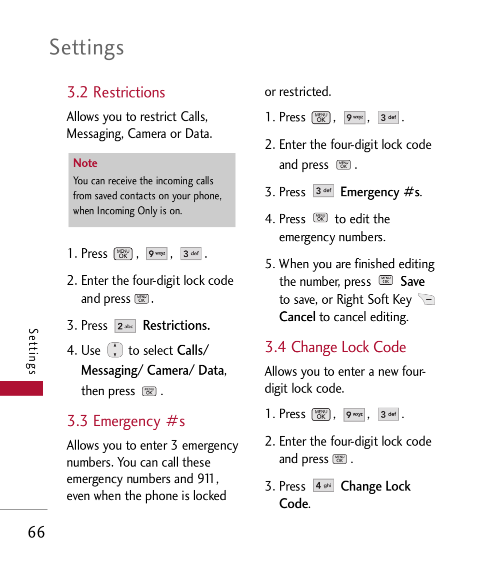 3 emergency #s, 4 change lock code, Settings | 2 restrictions | LG 300 User Manual | Page 68 / 226
