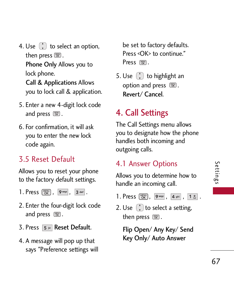 5 reset default, Call settings, 1 answer options | LG 300 User Manual | Page 69 / 226