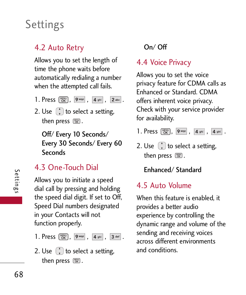 2 auto retry, 3 one-touch dial, 4 voice privacy | 5 auto volume, 5 auto volume 68, Settings | LG 300 User Manual | Page 70 / 226