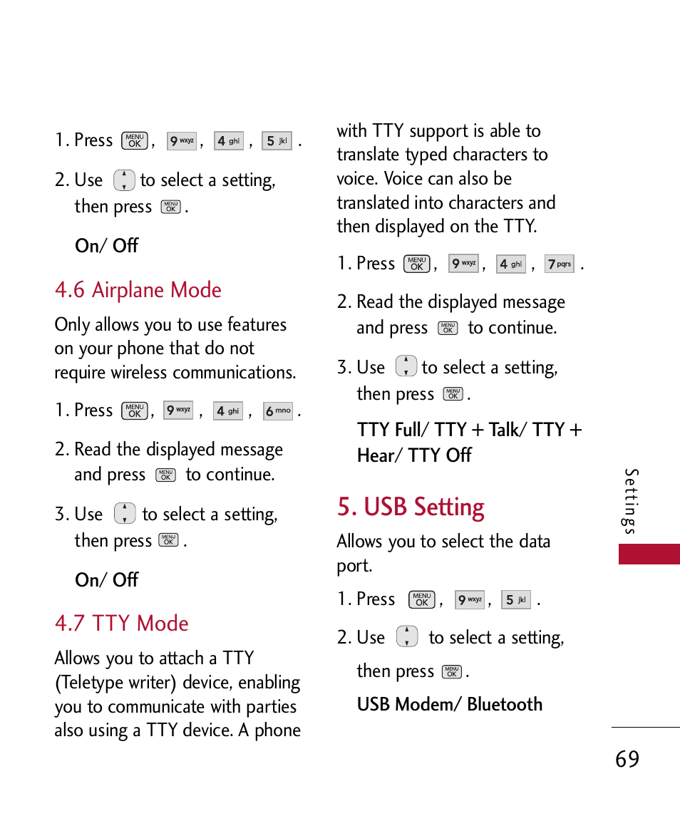 6 airplane mode, 7 tty mode, Usb setting | LG 300 User Manual | Page 71 / 226