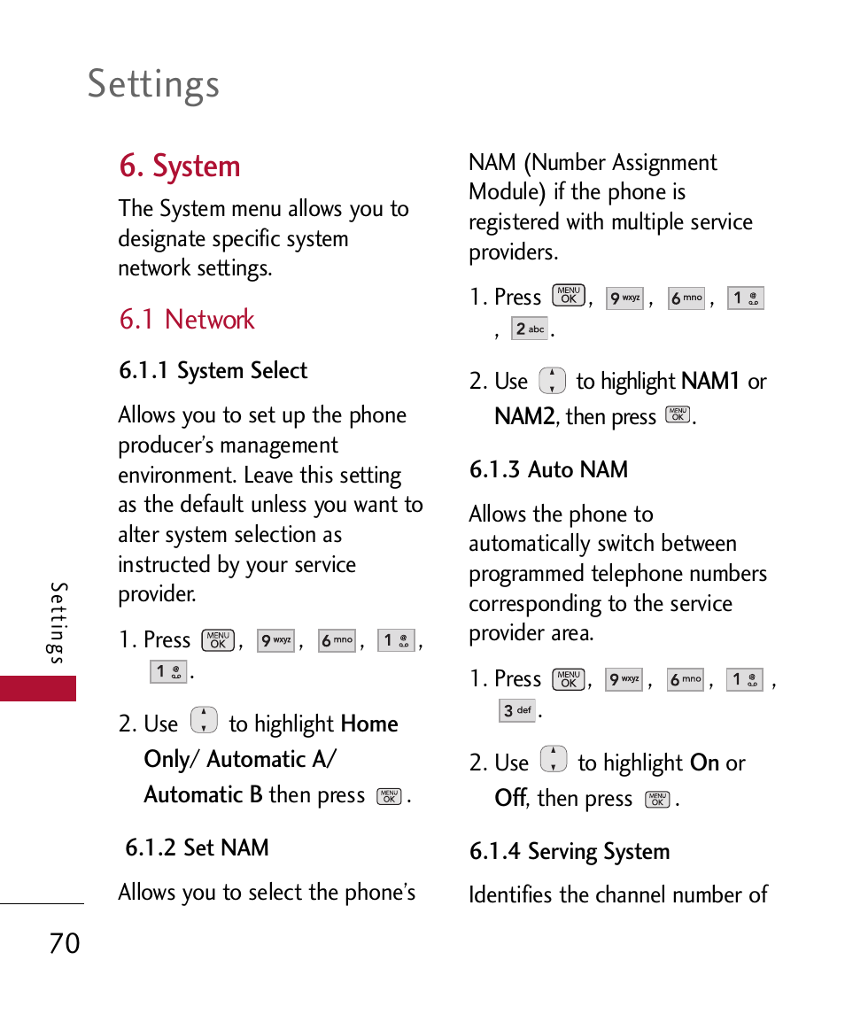 System, 1 network, Settings | LG 300 User Manual | Page 72 / 226