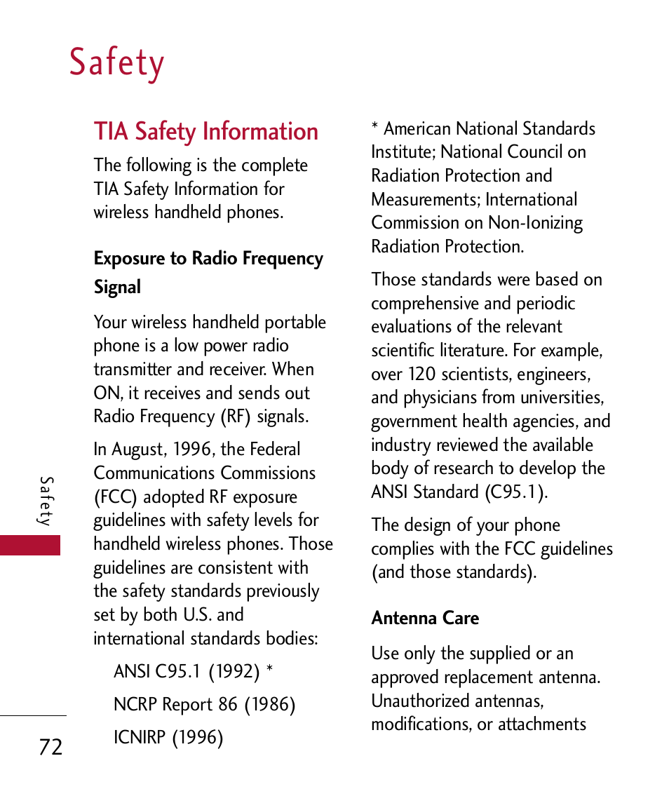 Safety, Tia safety information, Exposure to radio frequency | Antenna care, Exposure to radio frequency signal | LG 300 User Manual | Page 74 / 226