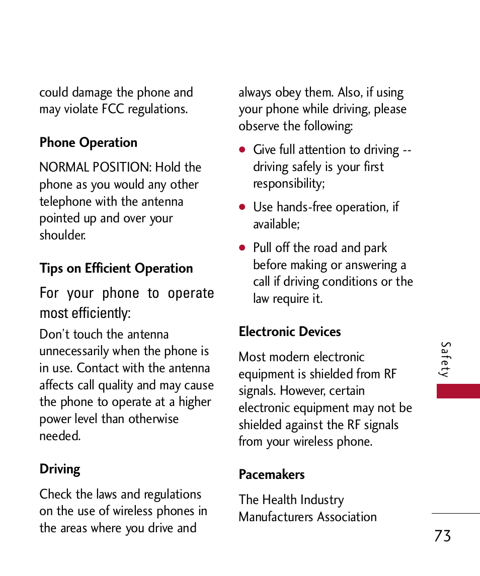 Phone operation, Tips on efficient operation, Driving | Electronic devices, Pacemakers | LG 300 User Manual | Page 75 / 226