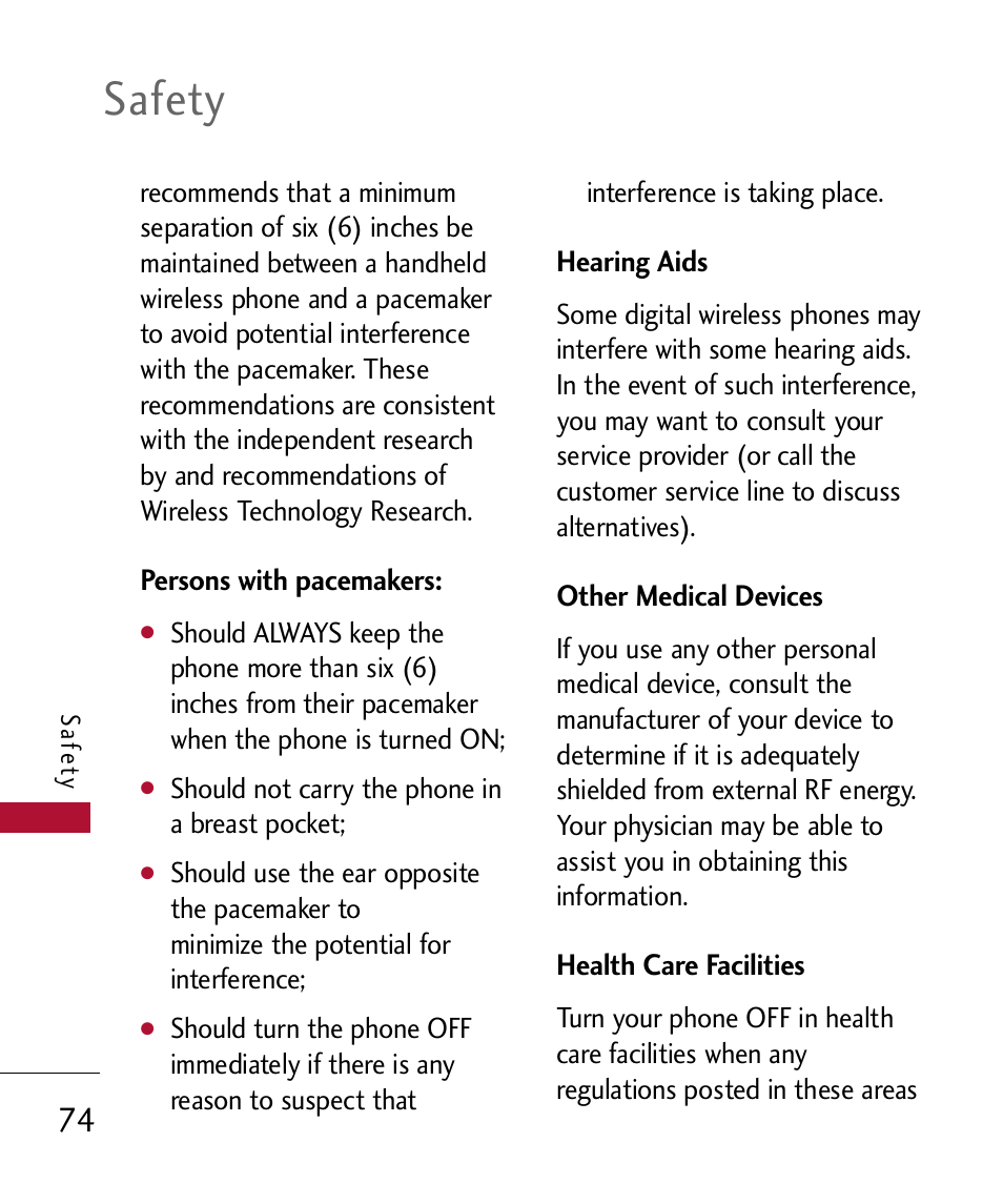 Persons with pacemakers, Hearing aids, Other medical devices | Health care facilities, Safety | LG 300 User Manual | Page 76 / 226