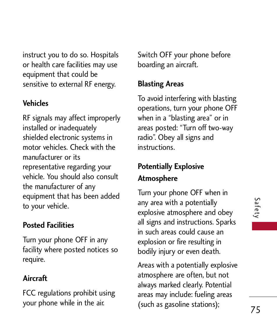 Vehicles, Posted facilities, Aircraft | Blasting areas, Potentially explosive atmosp, Potentially explosive atmosphere 75 | LG 300 User Manual | Page 77 / 226