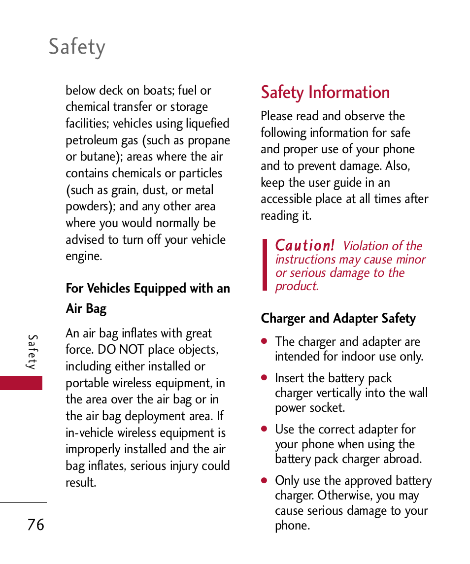 For vehicles equipped with a, Safety information, Charger and adapter safety | For vehicles equipped with an air bag, Safety | LG 300 User Manual | Page 78 / 226