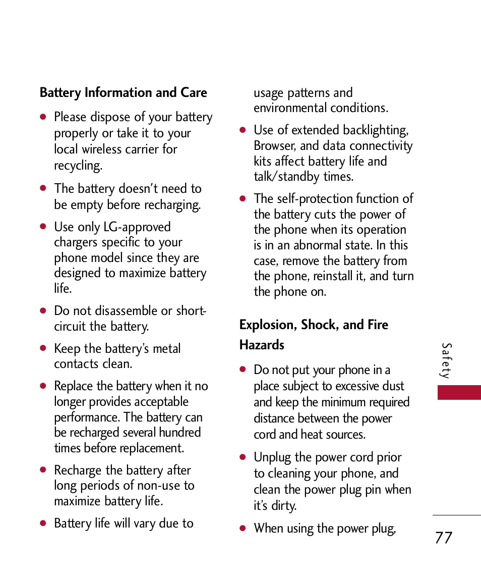 Battery information and care, Explosion, shock, and fire h, Explosion, shock, and fire hazards77 | Explosion, shock, and fire hazards, Do not disassemble or short- circuit the battery, Keep the battery’s metal contacts clean, When using the power plug | LG 300 User Manual | Page 79 / 226