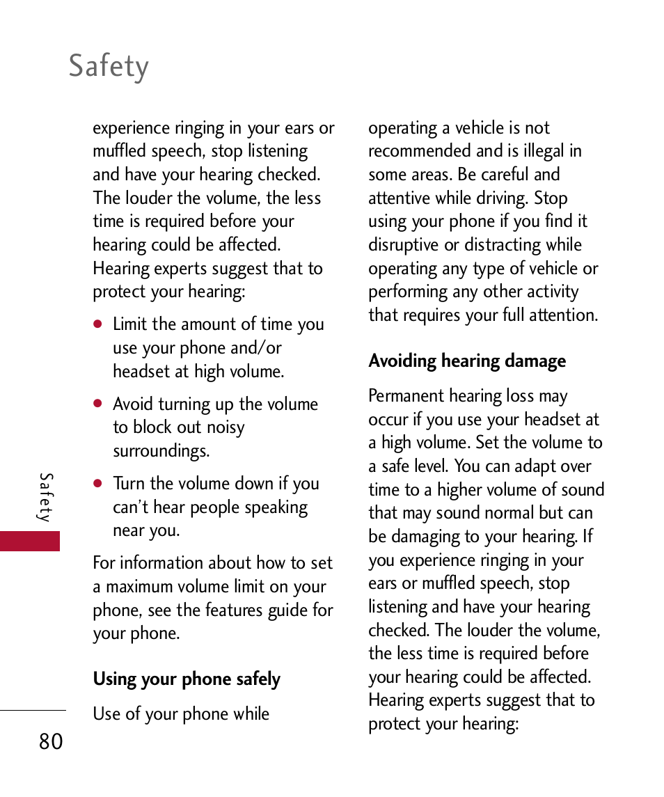 Using your phone safely, Safety | LG 300 User Manual | Page 82 / 226