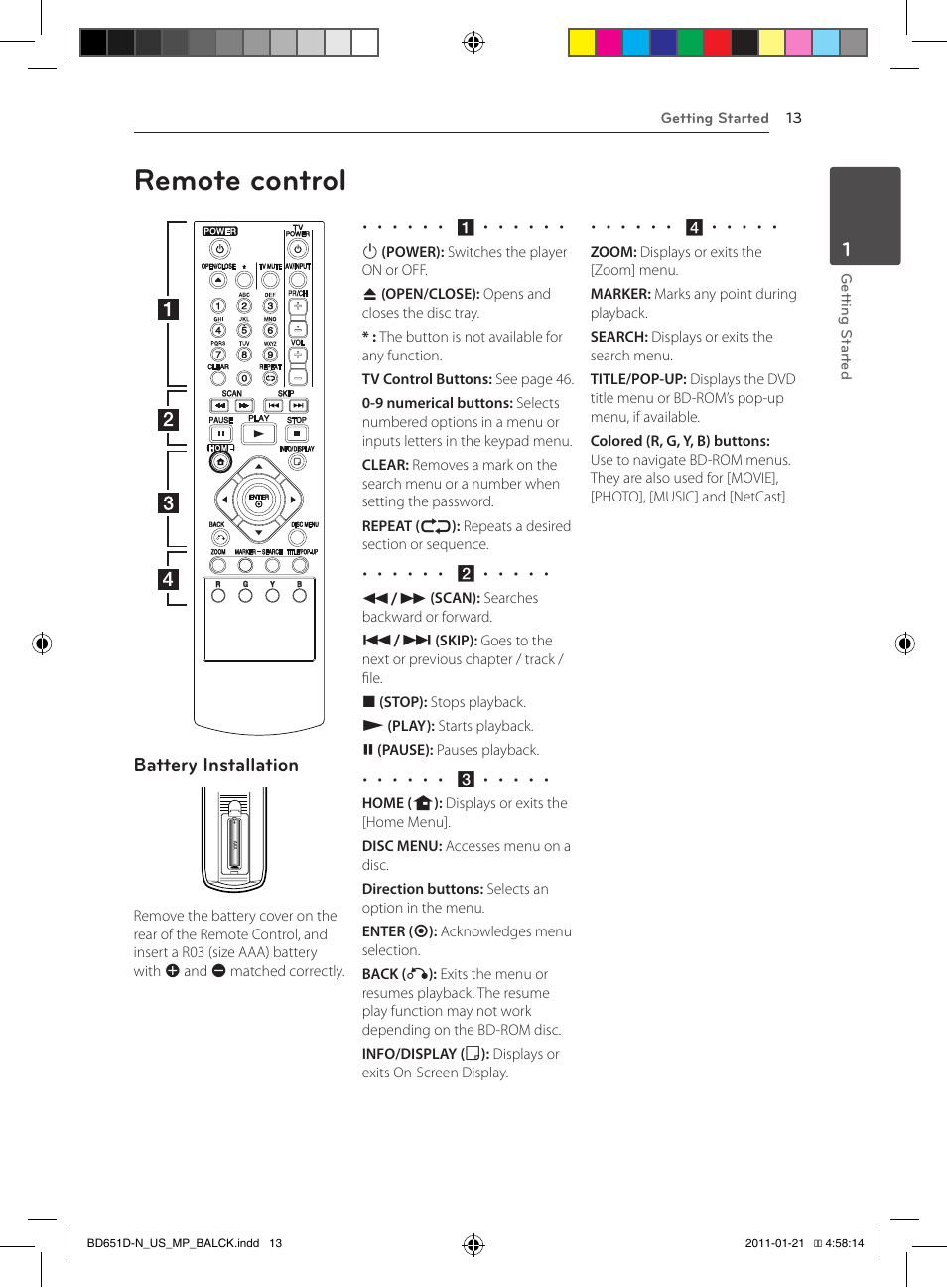 Remote control | LG NETWORK BLU-RAY DISC BD640 User Manual | Page 13 / 60