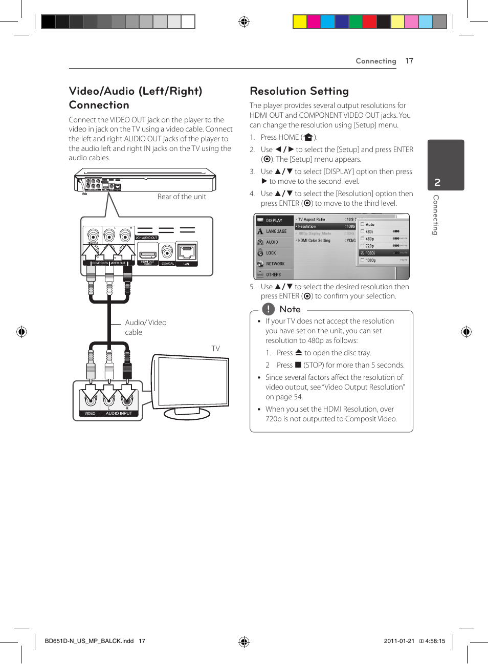 Video/audio (left/right) connection, Resolution setting | LG NETWORK BLU-RAY DISC BD640 User Manual | Page 17 / 60
