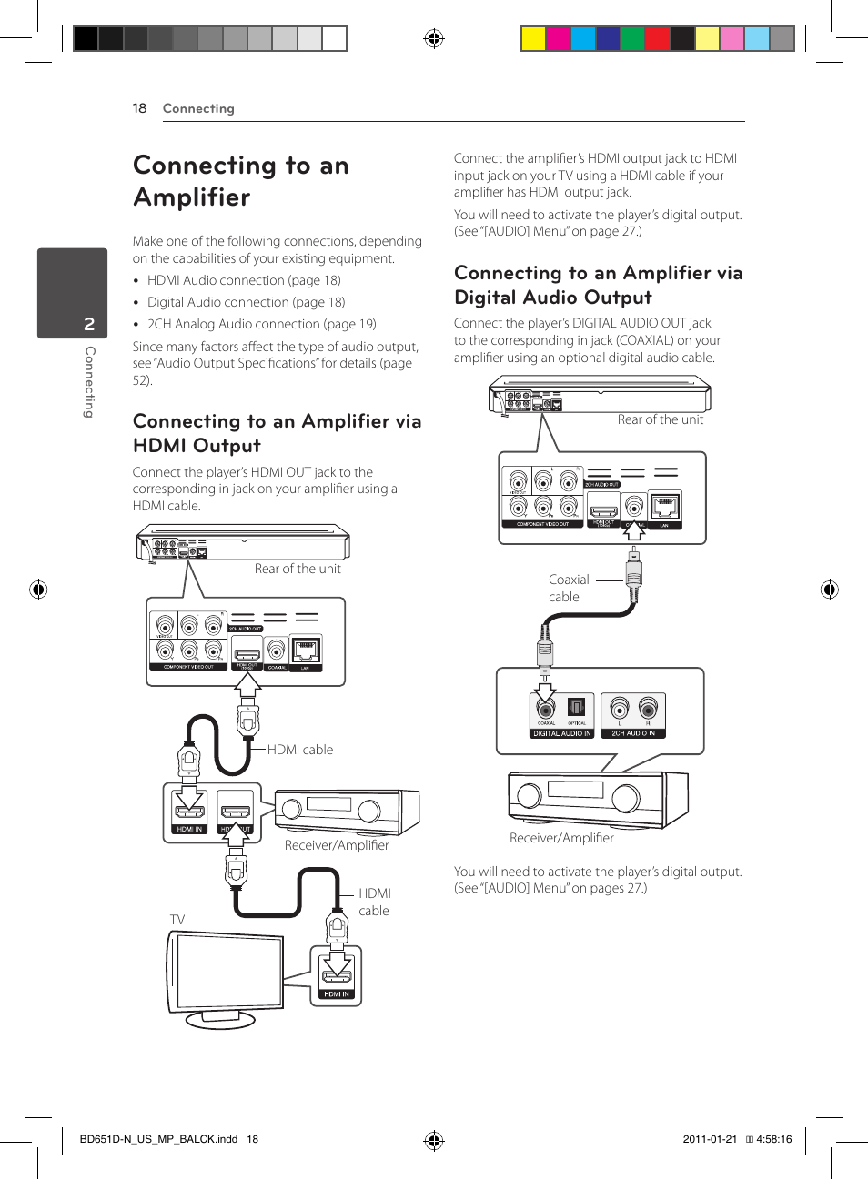 Connecting to an amplifier, Connecting to an amplifier via hdmi output | LG NETWORK BLU-RAY DISC BD640 User Manual | Page 18 / 60