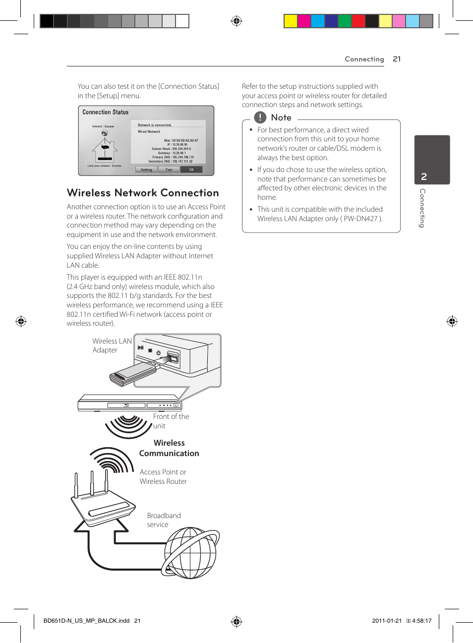Wireless network connection | LG NETWORK BLU-RAY DISC BD640 User Manual | Page 21 / 60