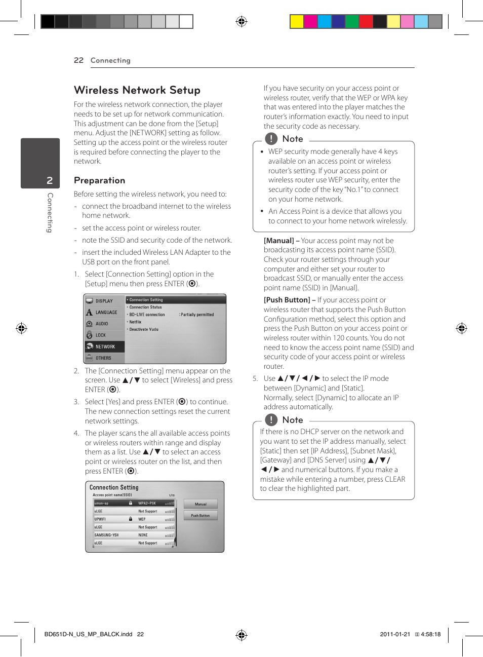 Wireless network setup | LG NETWORK BLU-RAY DISC BD640 User Manual | Page 22 / 60