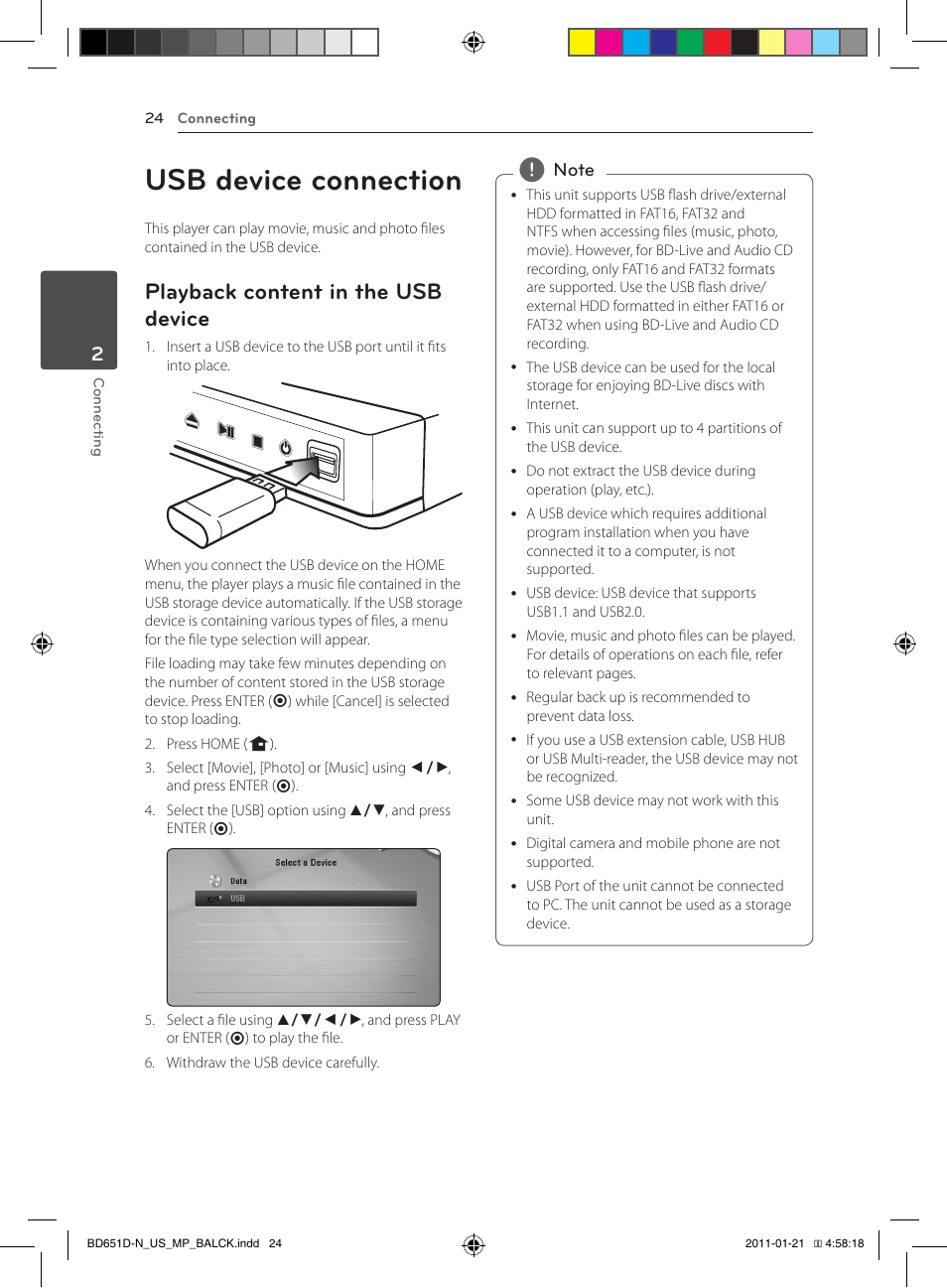 Usb device connection, Playback content in the usb device | LG NETWORK BLU-RAY DISC BD640 User Manual | Page 24 / 60