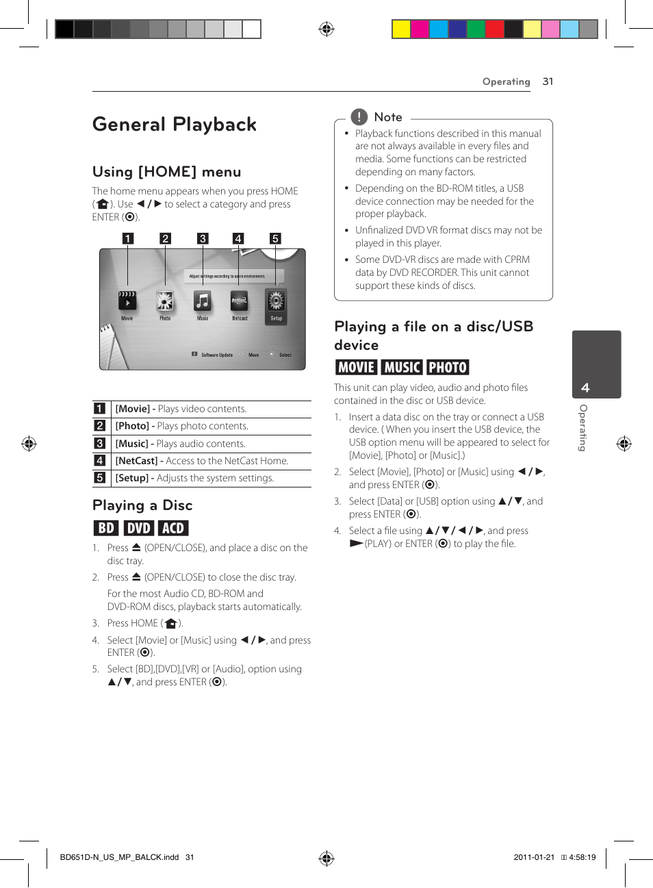 General playback, Using [home] menu, Playing a disc ert | Playing a file on a disc/usb device yui | LG NETWORK BLU-RAY DISC BD640 User Manual | Page 31 / 60