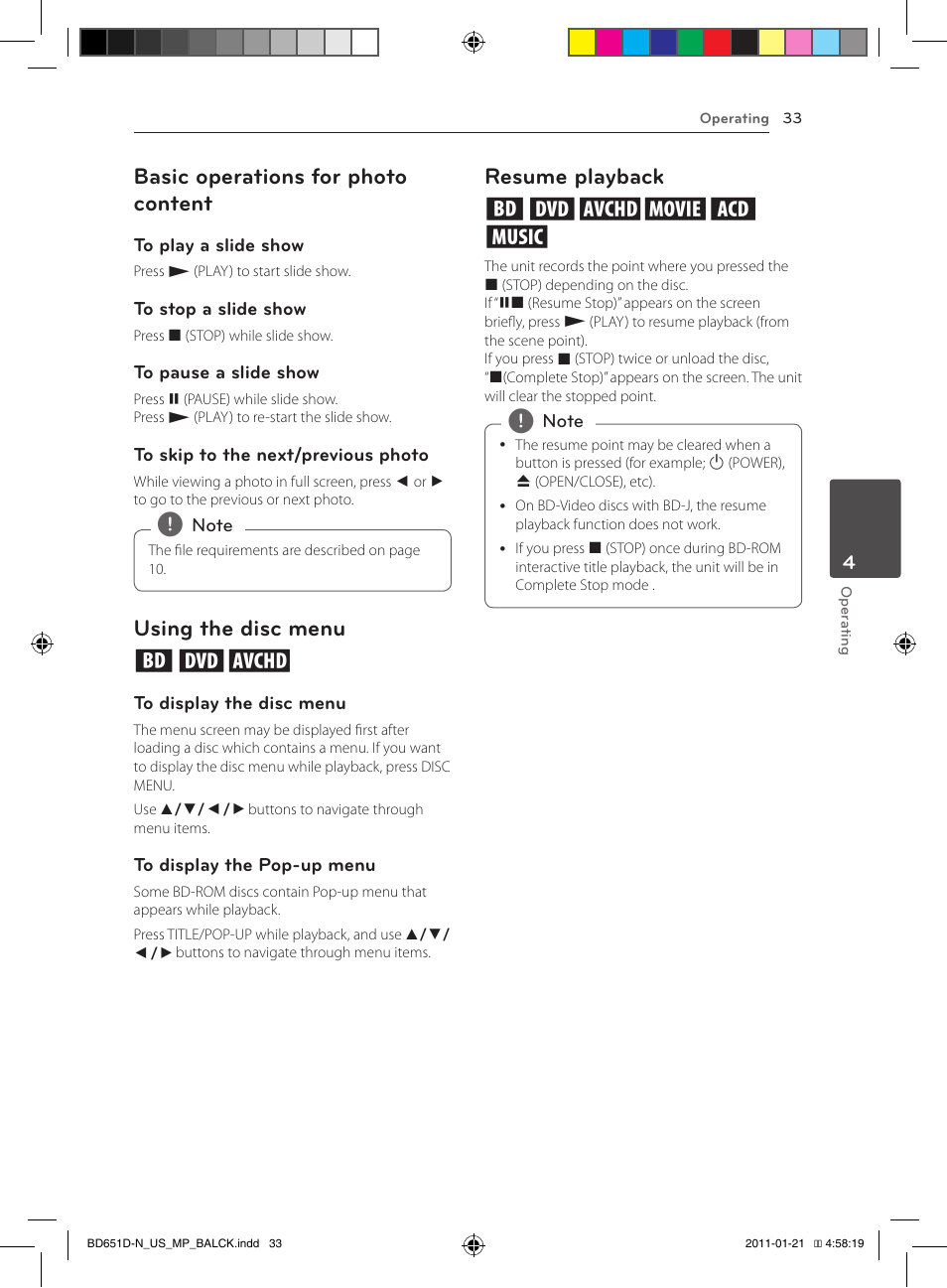 Basic operations for photo content, Using the disc menu ero, Resume playback eroyt, u | LG NETWORK BLU-RAY DISC BD640 User Manual | Page 33 / 60