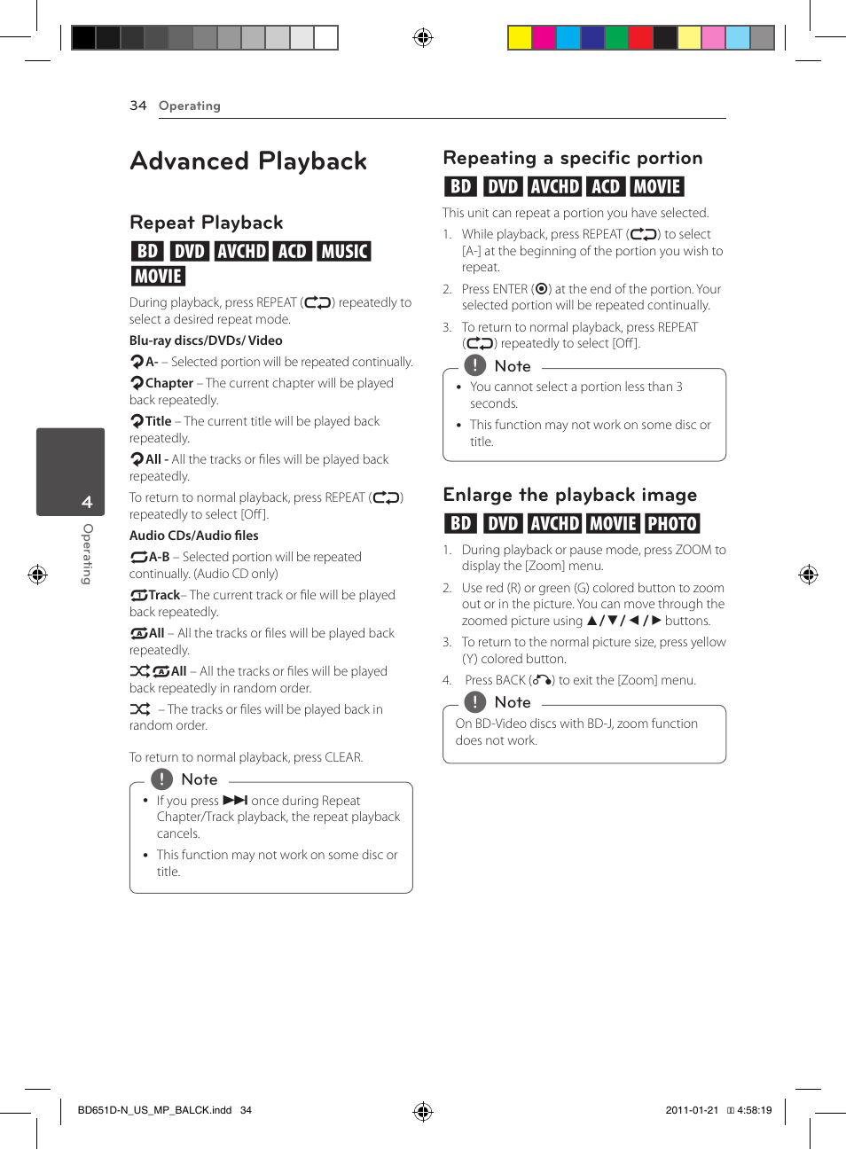 Advanced playback, Repeat playback erotu, y, Repeating a specific portion eroty | Enlarge the playback image eroyi | LG NETWORK BLU-RAY DISC BD640 User Manual | Page 34 / 60