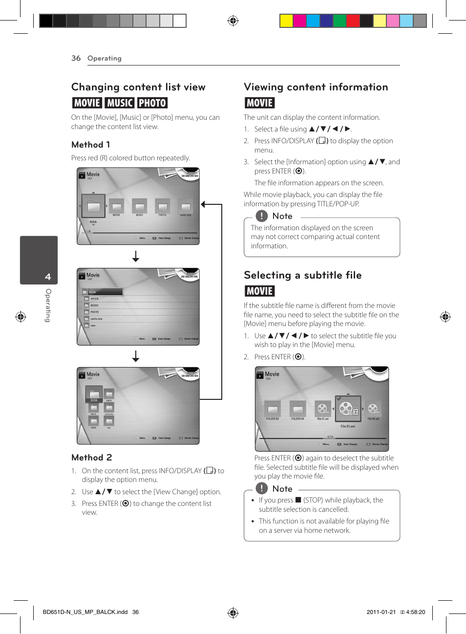 Changing content list view yui, Viewing content information y, Selecting a subtitle file y | LG NETWORK BLU-RAY DISC BD640 User Manual | Page 36 / 60