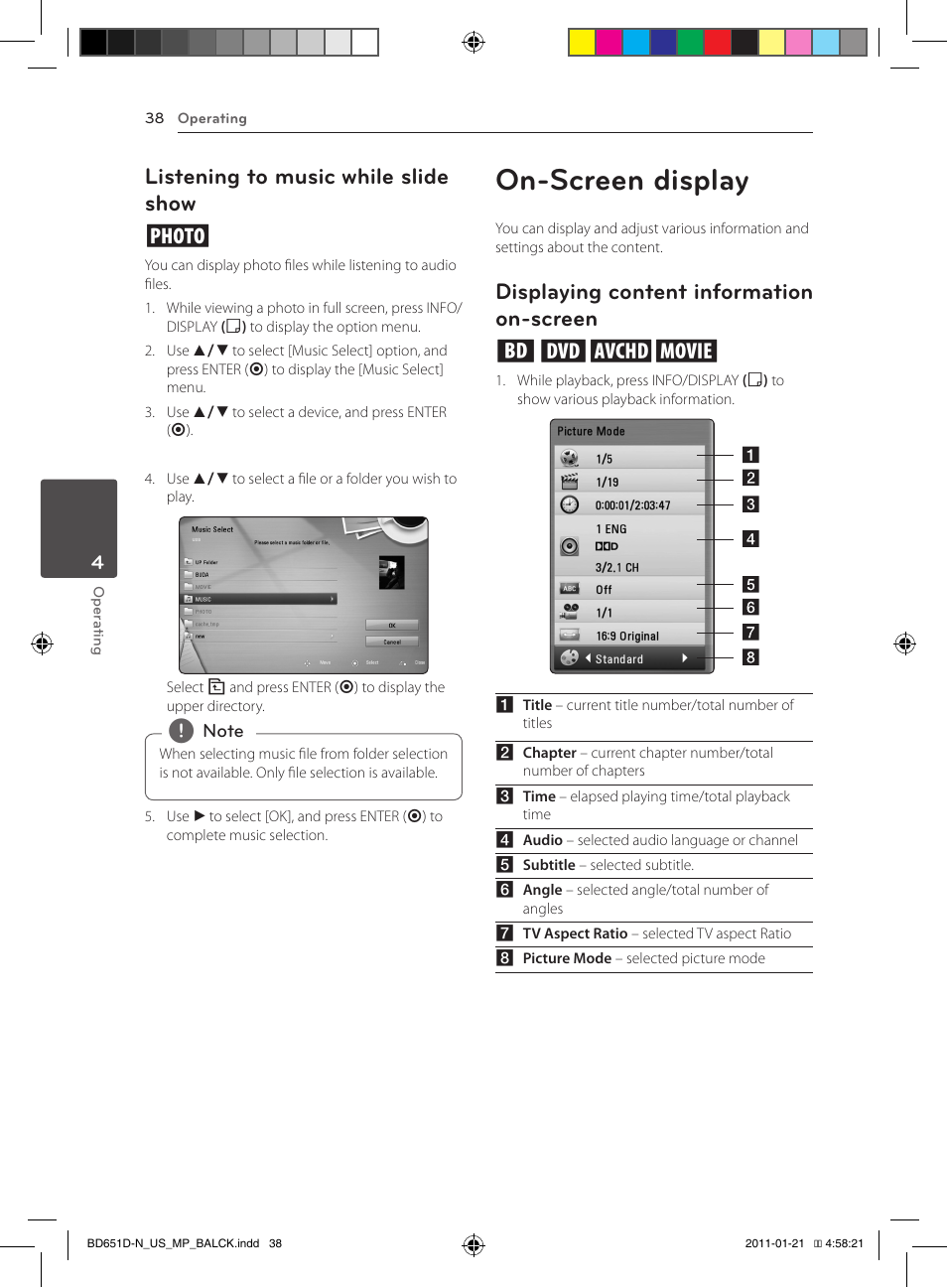 On-screen display, Listening to music while slide show i, Displaying content information on-screen eroy | LG NETWORK BLU-RAY DISC BD640 User Manual | Page 38 / 60