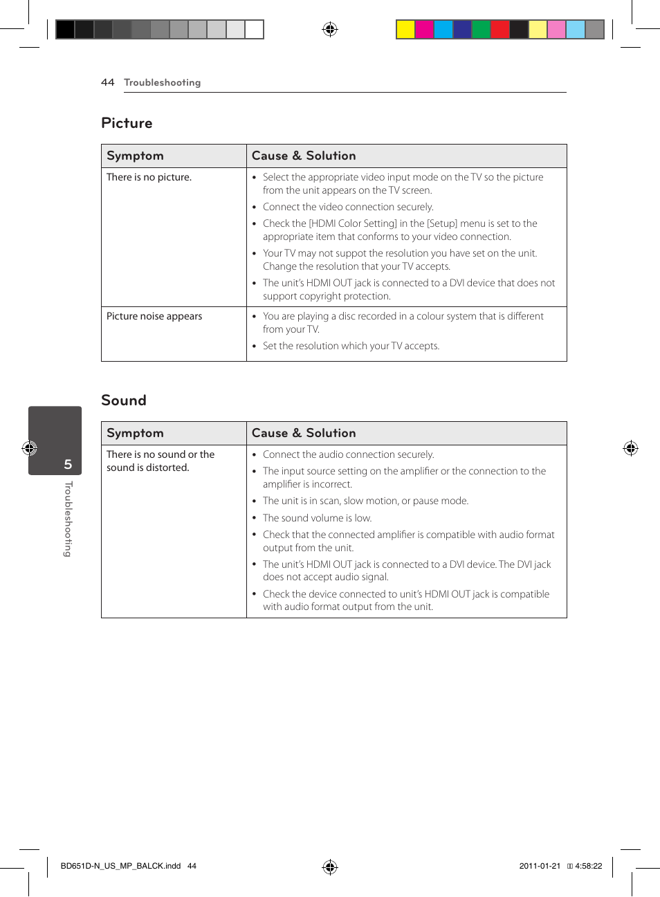 Picture, Sound, Symptom cause & solution | LG NETWORK BLU-RAY DISC BD640 User Manual | Page 44 / 60