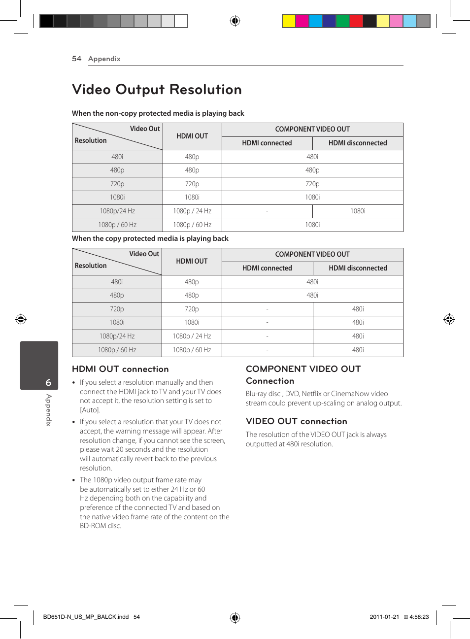 Video output resolution, Hdmi out connection, Component video out connection | Video out connection | LG NETWORK BLU-RAY DISC BD640 User Manual | Page 54 / 60