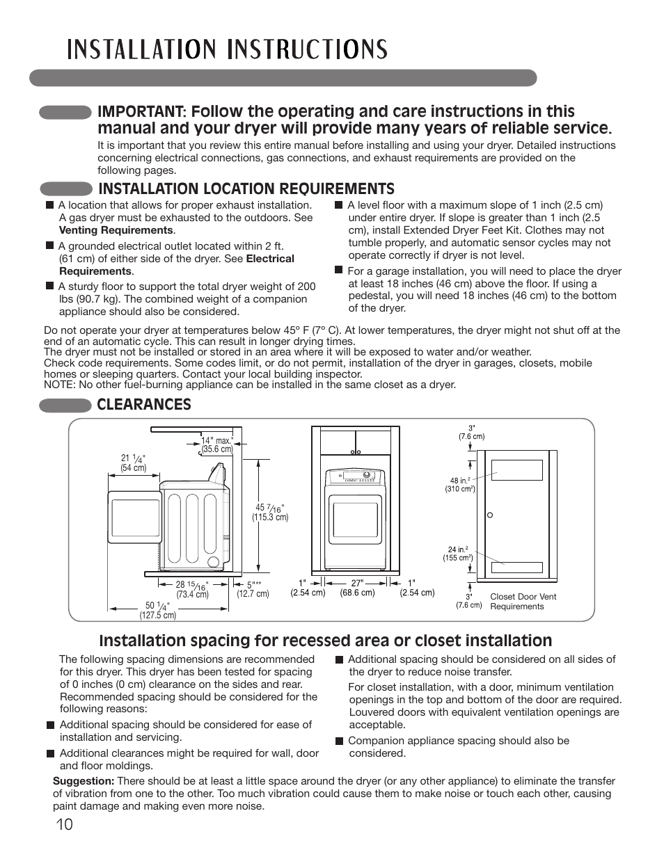 Installation location requirements | LG Dryer MFL62512805 User Manual | Page 10 / 41