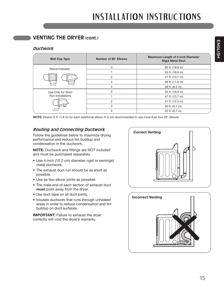Venting the dryer, English, Routing and connecting ductwork | Cont.), Ductwork | LG Dryer MFL62512805 User Manual | Page 15 / 41