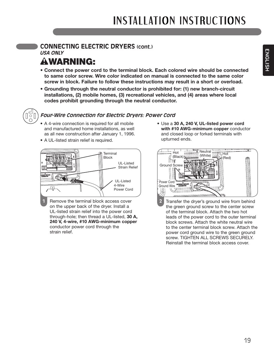 Wwarning, Connecting electric dryers | LG Dryer MFL62512805 User Manual | Page 19 / 41