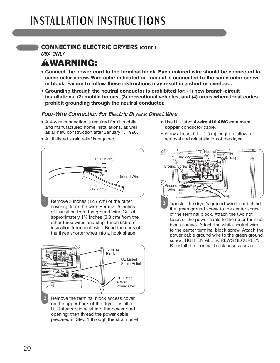 Wwarning, Connecting electric dryers | LG Dryer MFL62512805 User Manual | Page 20 / 41