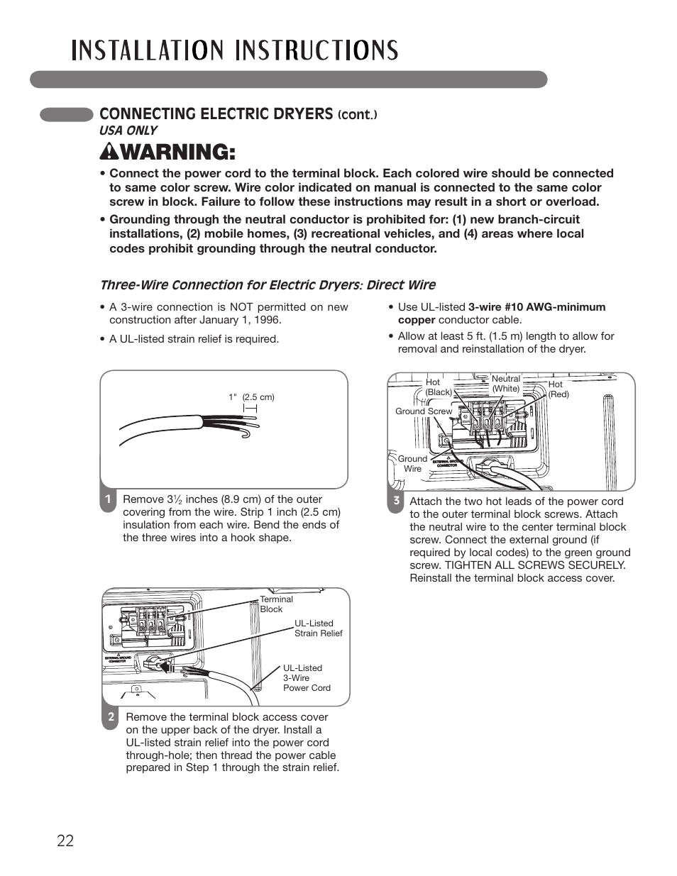 Wwarning, 22 connecting electric dryers | LG Dryer MFL62512805 User Manual | Page 22 / 41