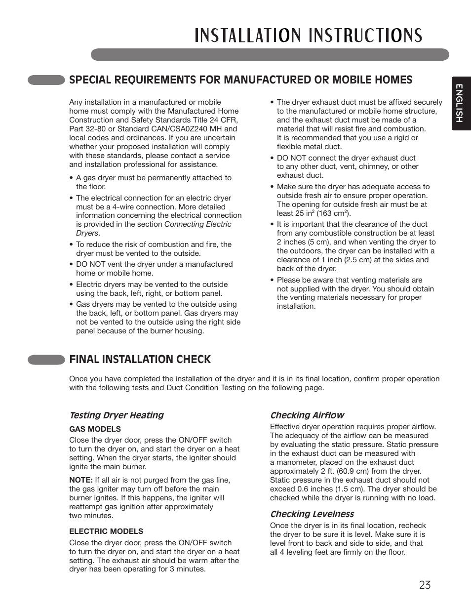 Final installation check | LG Dryer MFL62512805 User Manual | Page 23 / 41
