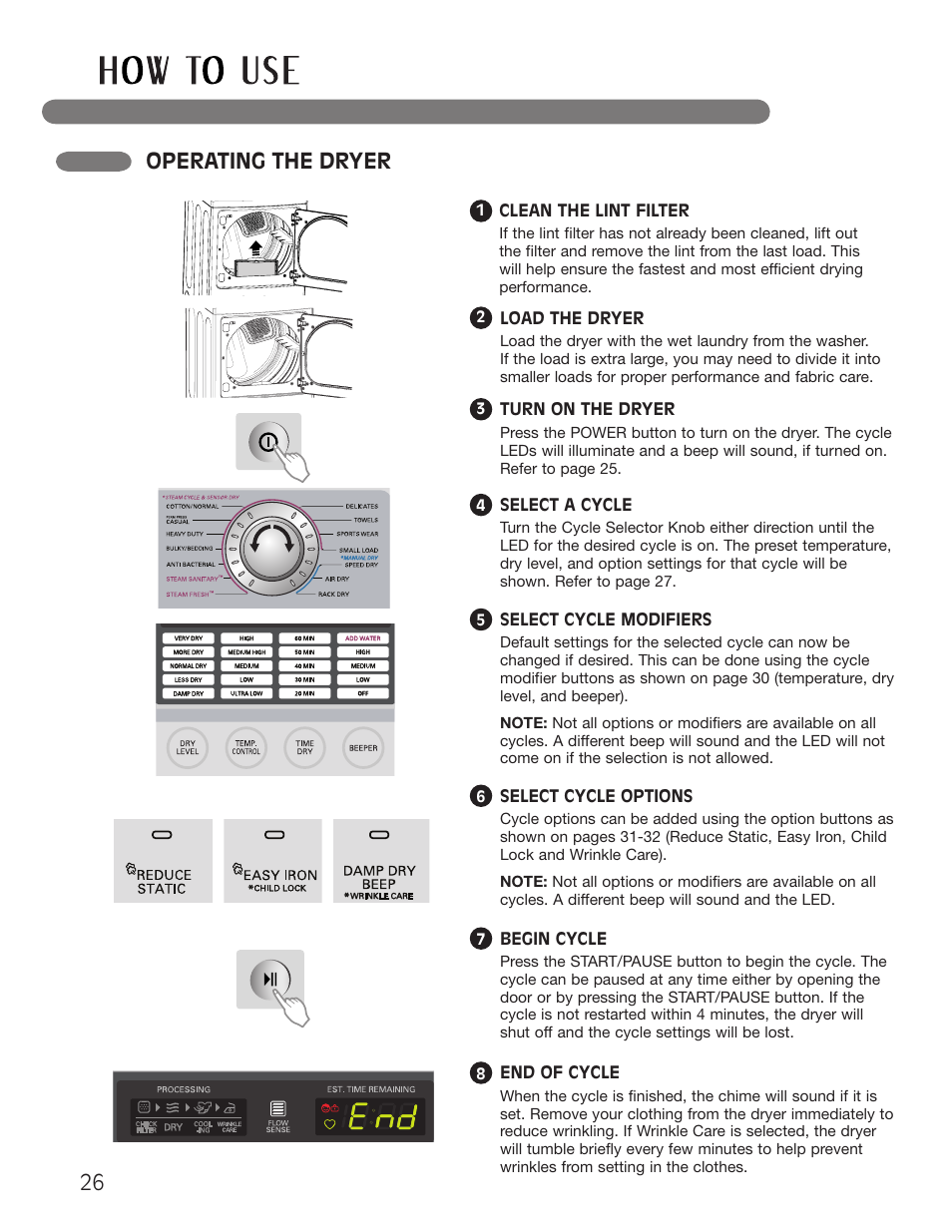 Operating the dryer | LG Dryer MFL62512805 User Manual | Page 26 / 41