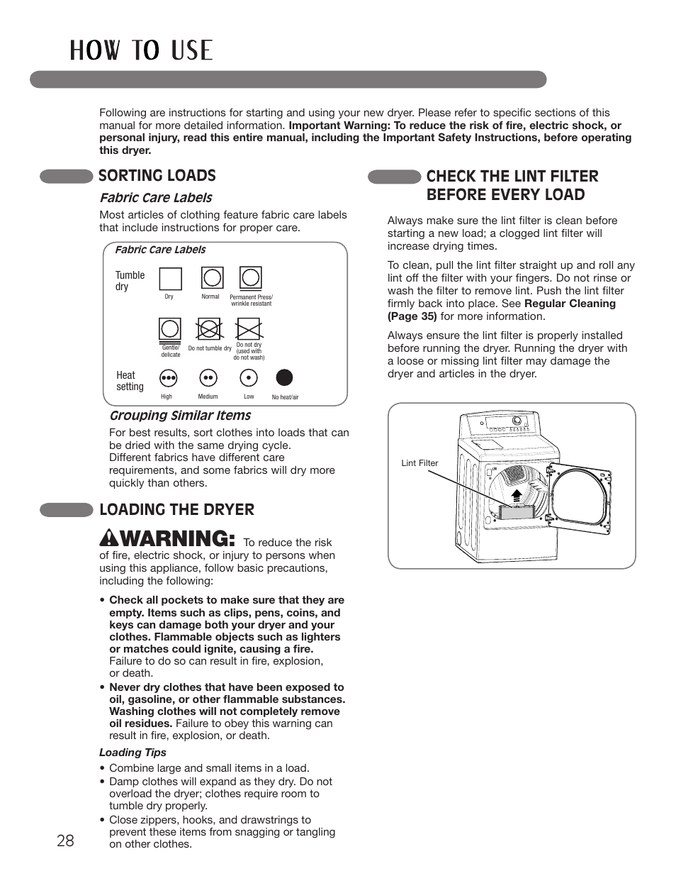 Wwarning, Sorting loads, Check the lint filter before every load | Loading the dryer | LG Dryer MFL62512805 User Manual | Page 28 / 41