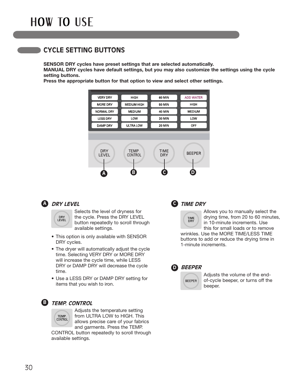 Cycle setting buttons | LG Dryer MFL62512805 User Manual | Page 30 / 41
