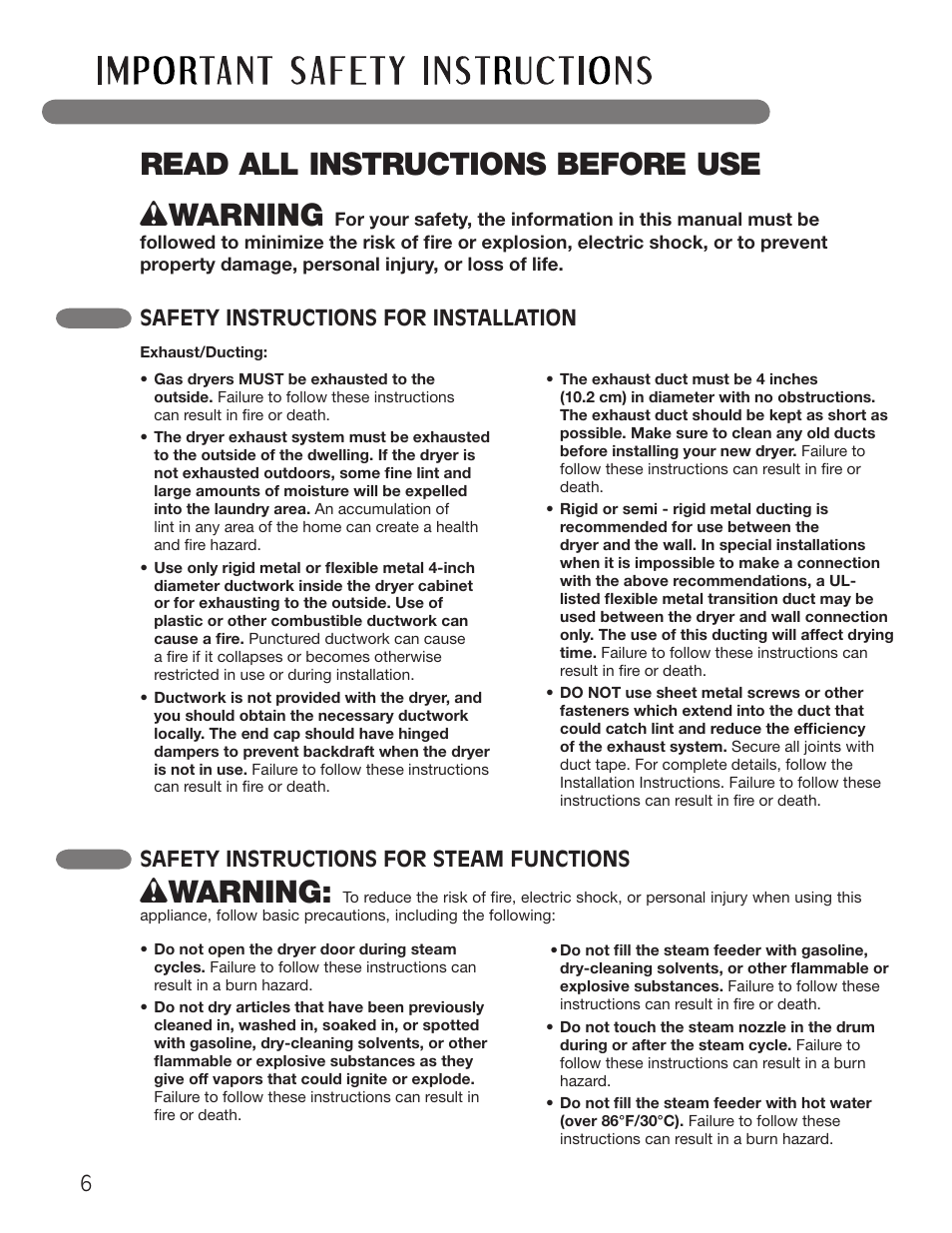 Read all instructions before use, Wwarning, Safety instructions for installation | Safety instructions for steam functions | LG Dryer MFL62512805 User Manual | Page 6 / 41