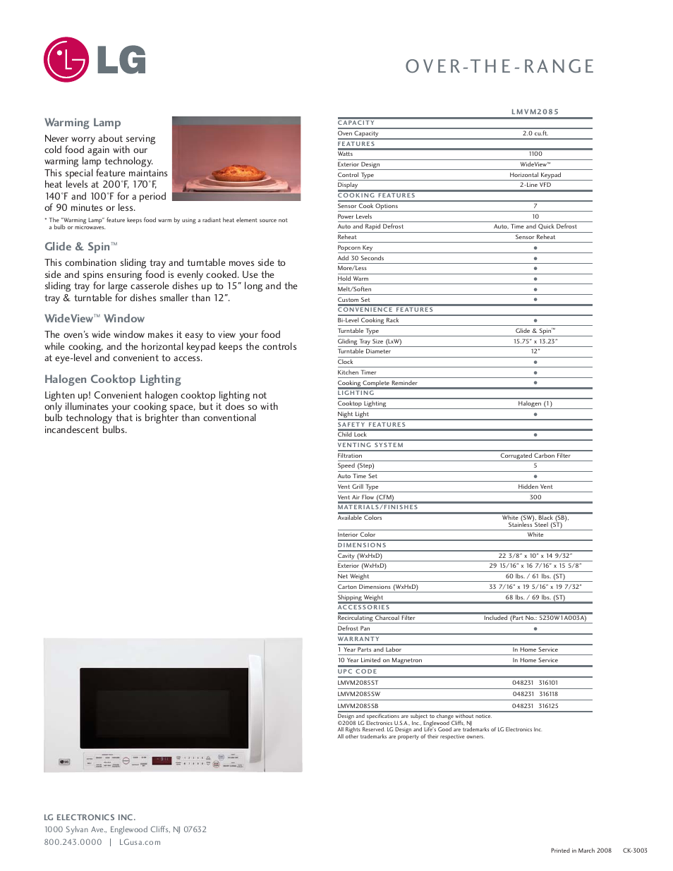 Warming lamp, Glide & spin, Wideview | Window, Halogen cooktop lighting | LG LMVM2085 User Manual | Page 2 / 2