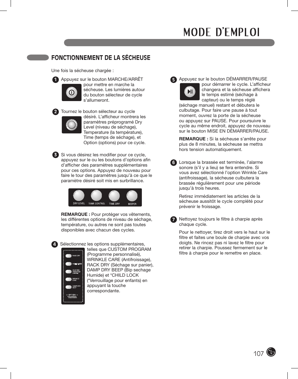 Fonctionnement de la sécheuse | LG DLE2701V User Manual | Page 107 / 120