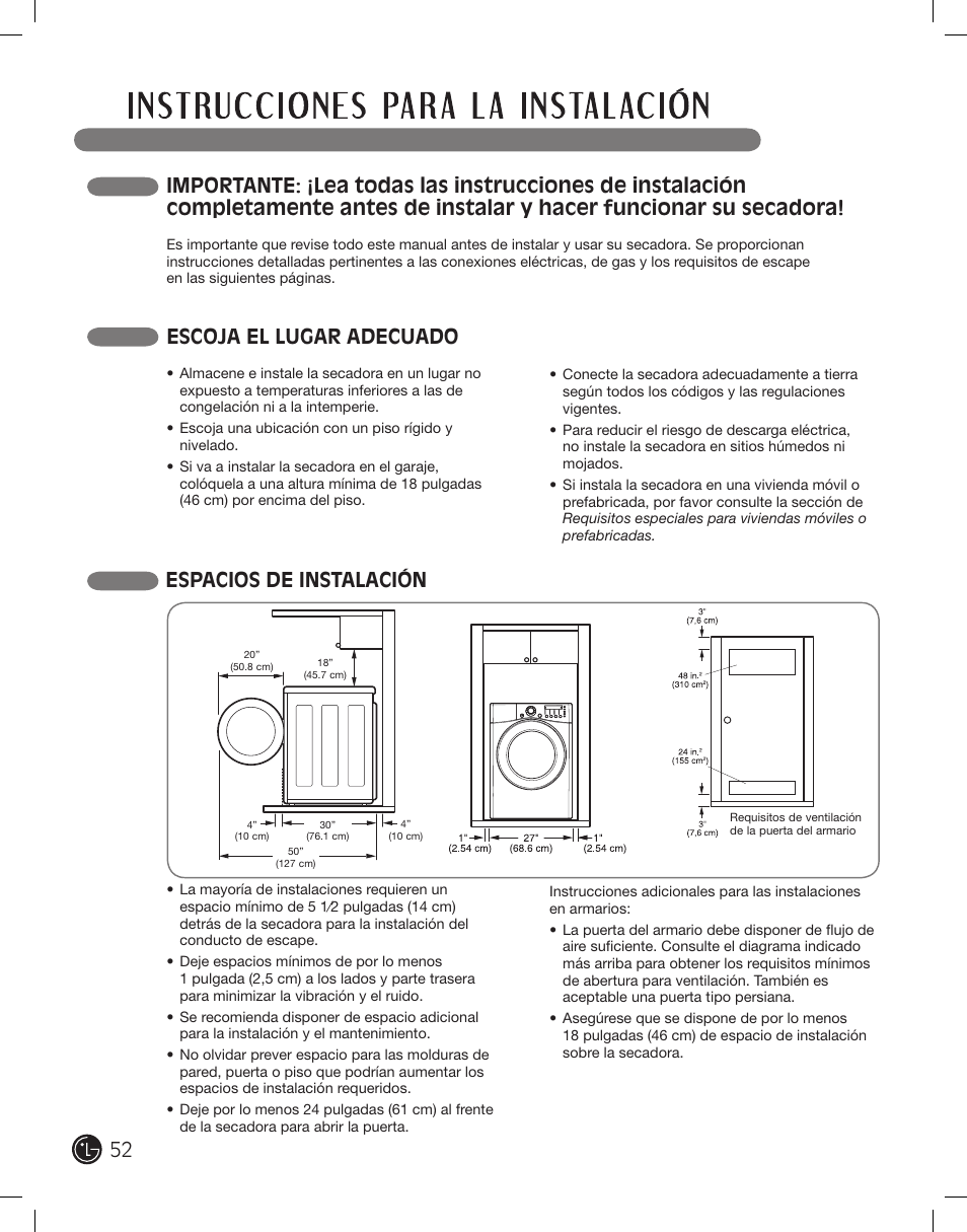 Escoja el lugar adecuado, Espacios de instalación | LG DLE2701V User Manual | Page 52 / 120