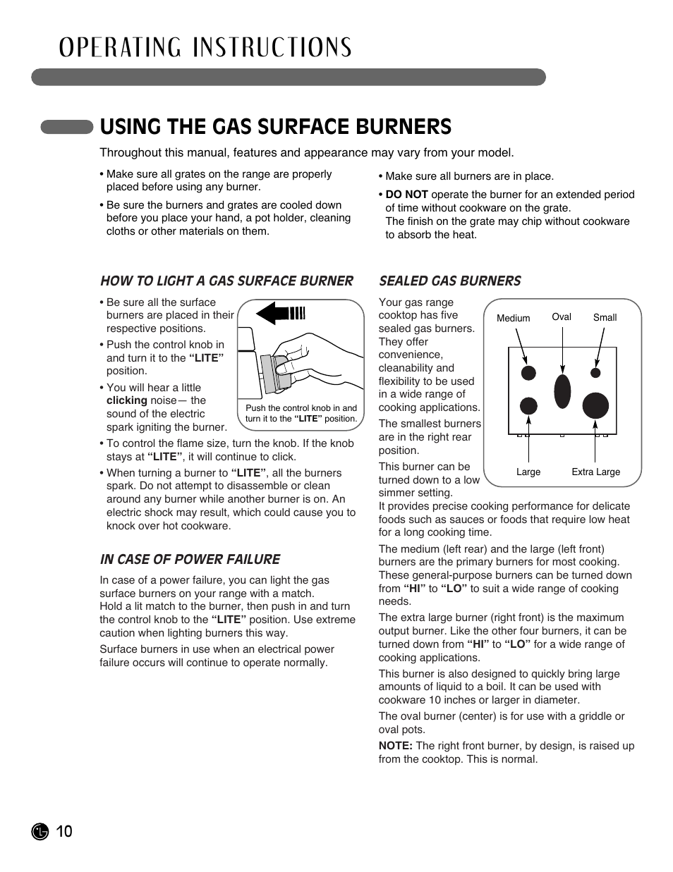 Using the gas surface burners | LG Gas Range LRG3093ST User Manual | Page 10 / 38