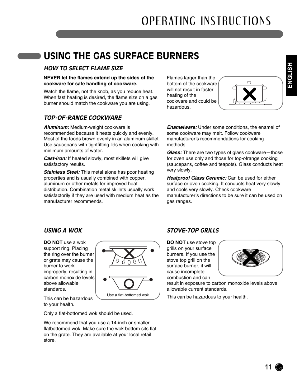 Using the gas surface burners | LG Gas Range LRG3093ST User Manual | Page 11 / 38