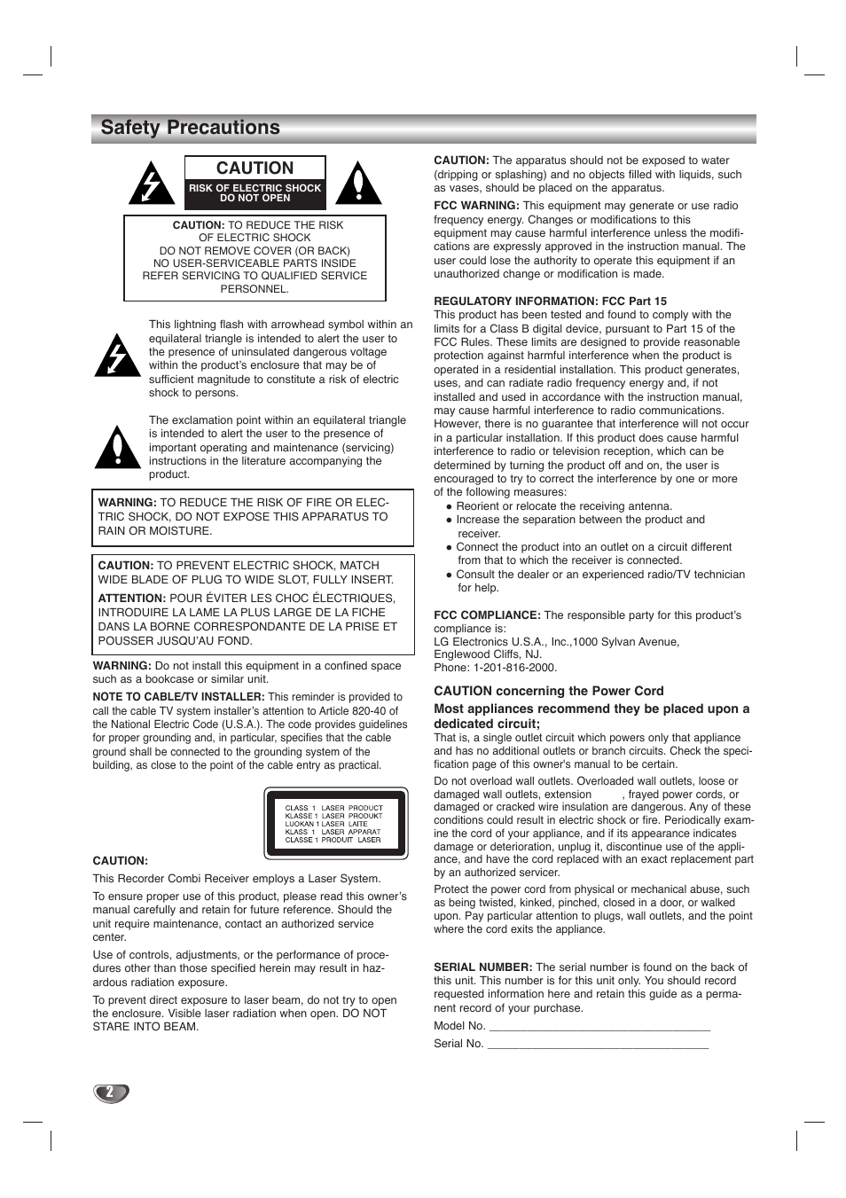 Safety precautions, Caution | LG LHY-518 User Manual | Page 2 / 75