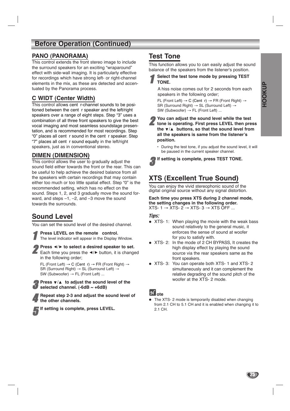 Before operation (continued), Sound level, Test tone | Xts (excellent true sound) | LG LHY-518 User Manual | Page 25 / 75