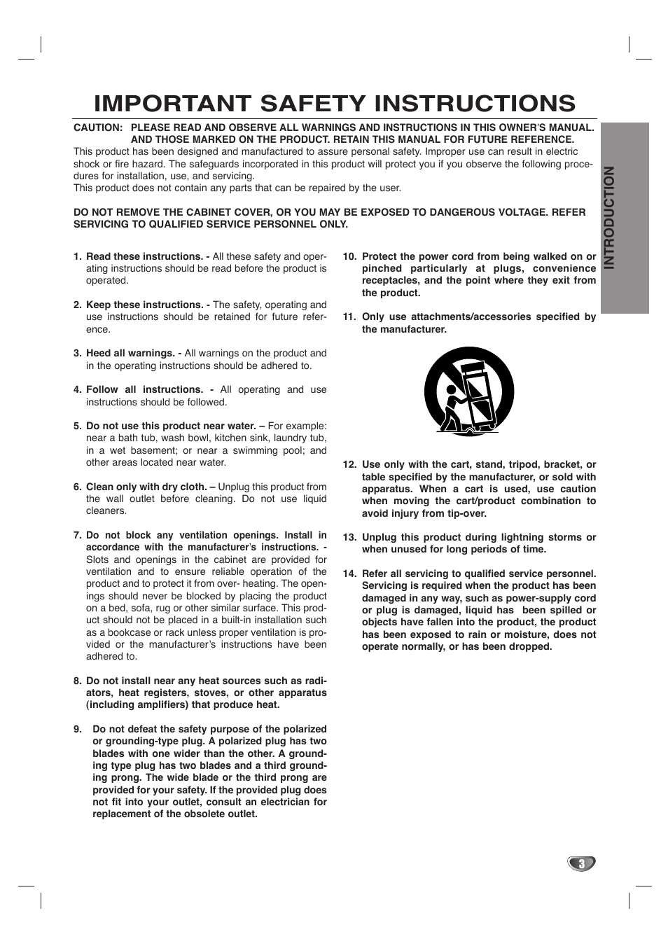 Important safety instructions, Introduction | LG LHY-518 User Manual | Page 3 / 75