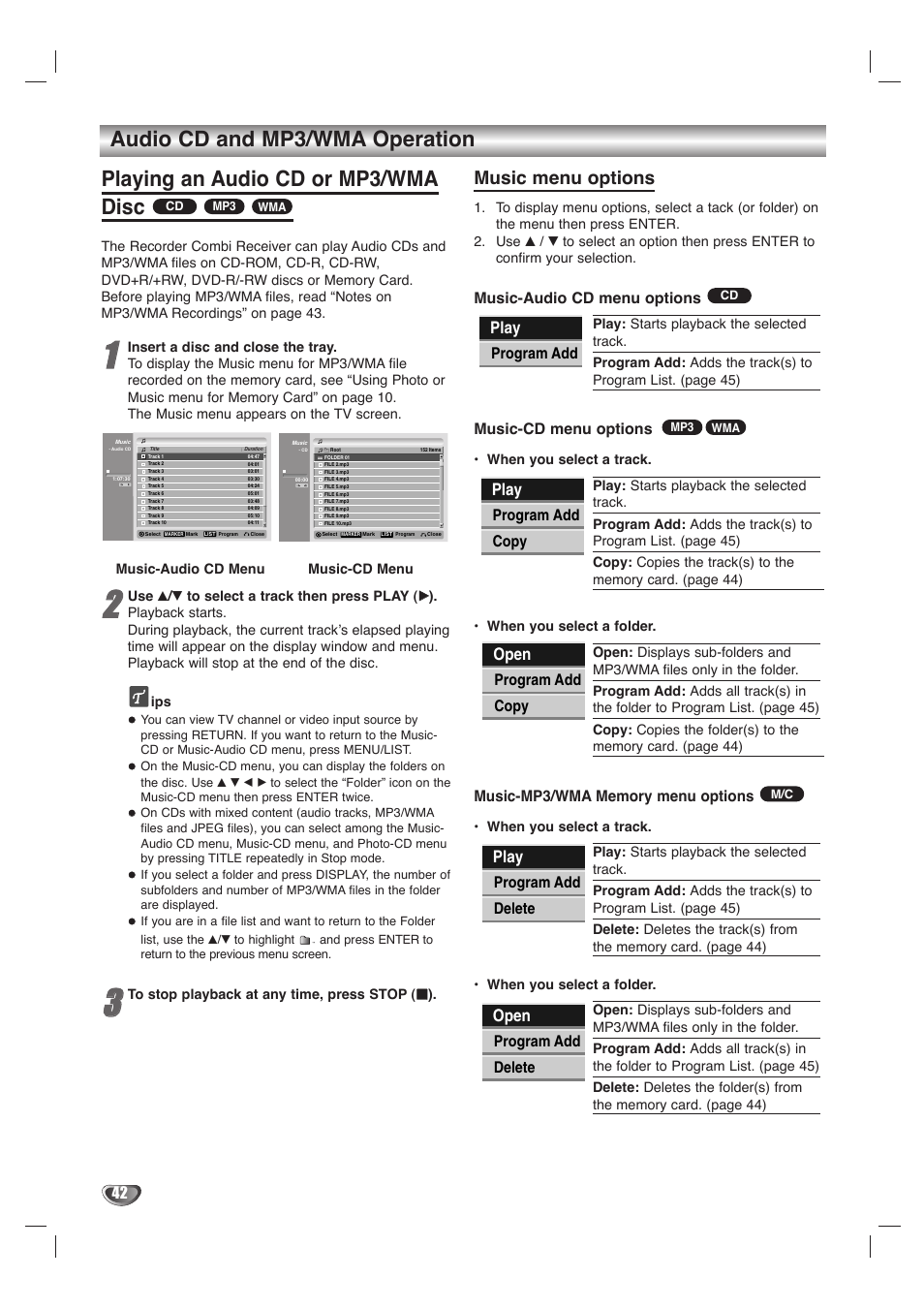 Music menu options, Play, Open | Music-audio cd menu options, Music-cd menu options, Program add, Program add copy, Program add delete | LG LHY-518 User Manual | Page 42 / 75