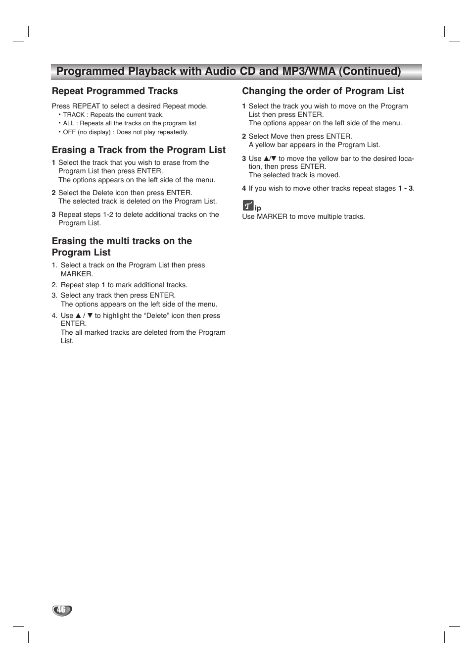 Repeat programmed tracks, Erasing a track from the program list, Erasing the multi tracks on the program list | Changing the order of program list | LG LHY-518 User Manual | Page 46 / 75