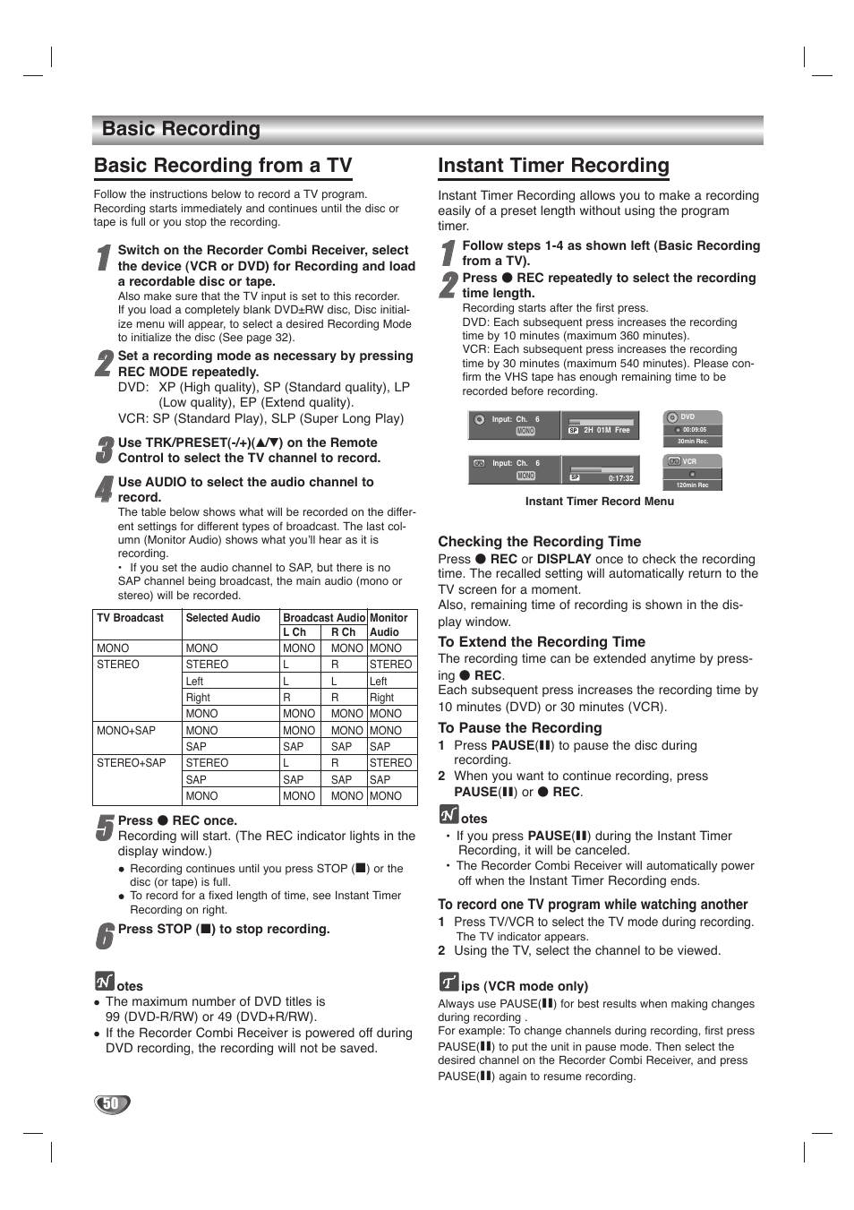 Basic recording, Basic recording from a tv, Instant timer recording | LG LHY-518 User Manual | Page 50 / 75