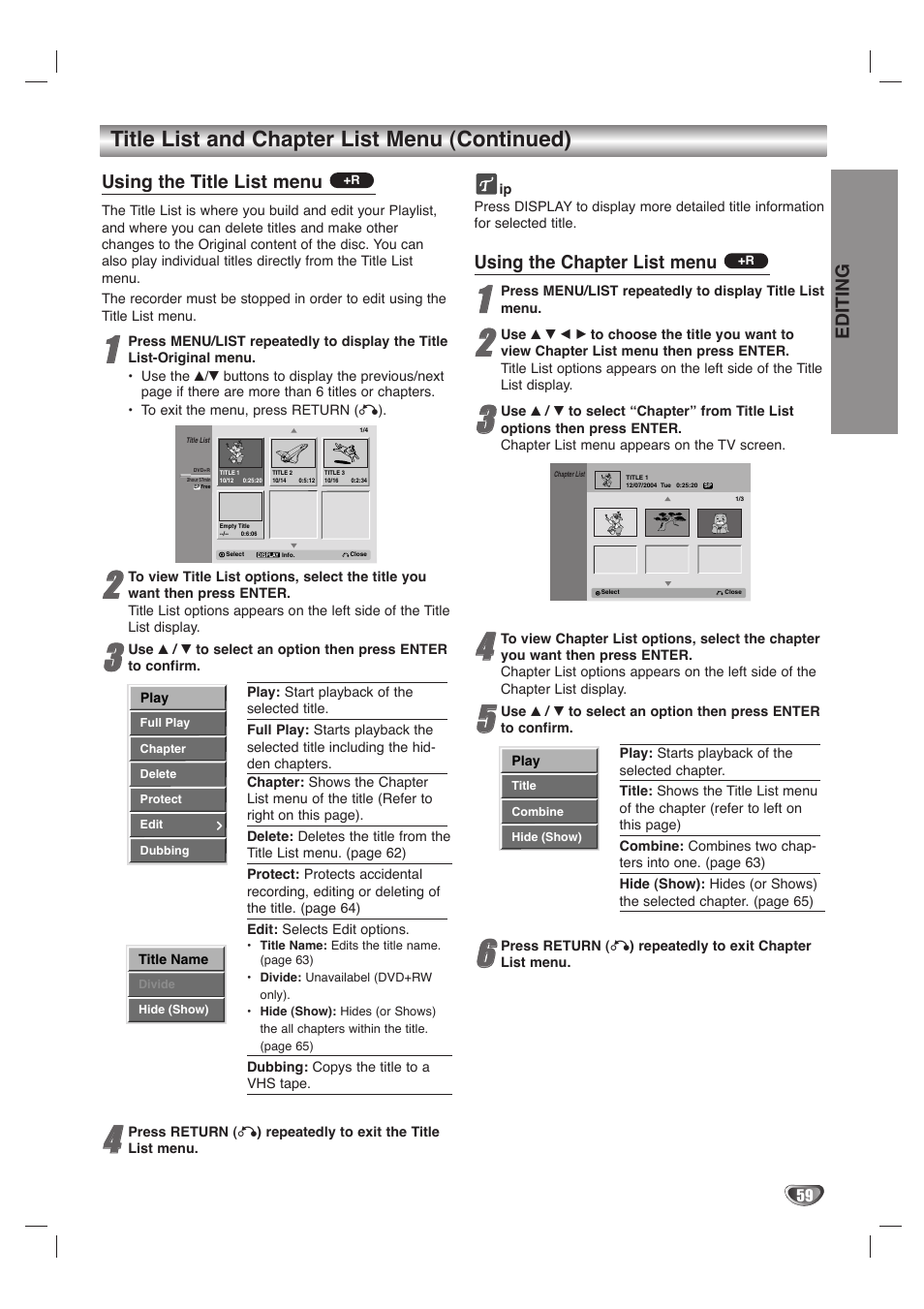 Title list and chapter list menu (continued), Using the title list menu, Using the chapter list menu | Editing | LG LHY-518 User Manual | Page 59 / 75