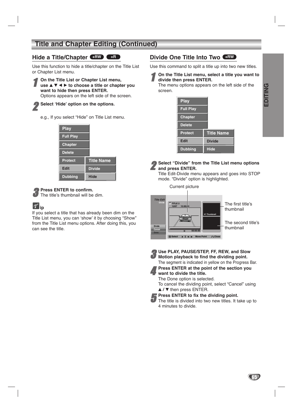 Title and chapter editing (continued), Hide a title/chapter, Divide one title into two | Editing | LG LHY-518 User Manual | Page 65 / 75