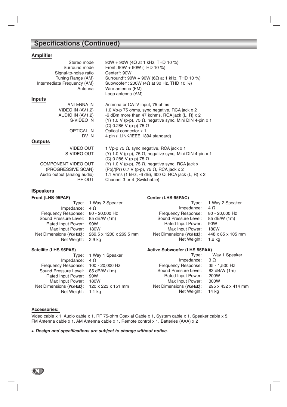 Specifications (continued) | LG LHY-518 User Manual | Page 74 / 75