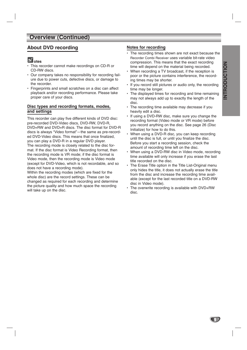 Overview (continued), Introduction, About dvd recording | LG LHY-518 User Manual | Page 9 / 75